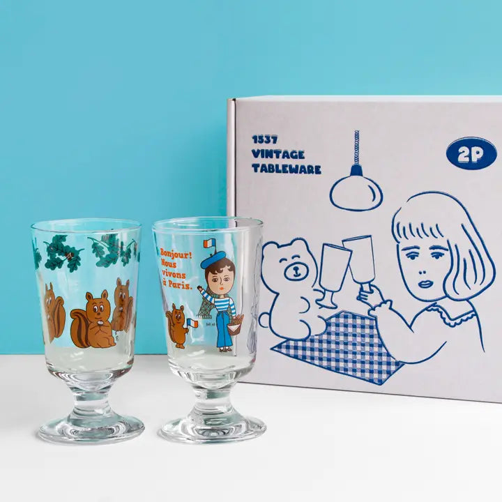 1537  Vintage Glass Cup- S 2Pcs Gift SET Drinkware - Luckyplanetusa