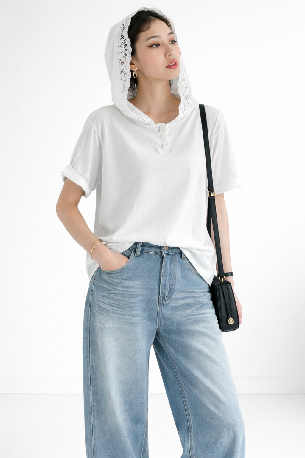 Lace Hood Cotton Relaxed T-Shirt - Luckyplanetusa