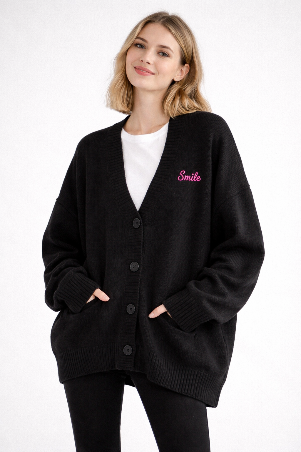 Happy Smile Intarsia Knit Cardigan Oversized Made in Korea - Luckyplanetusa