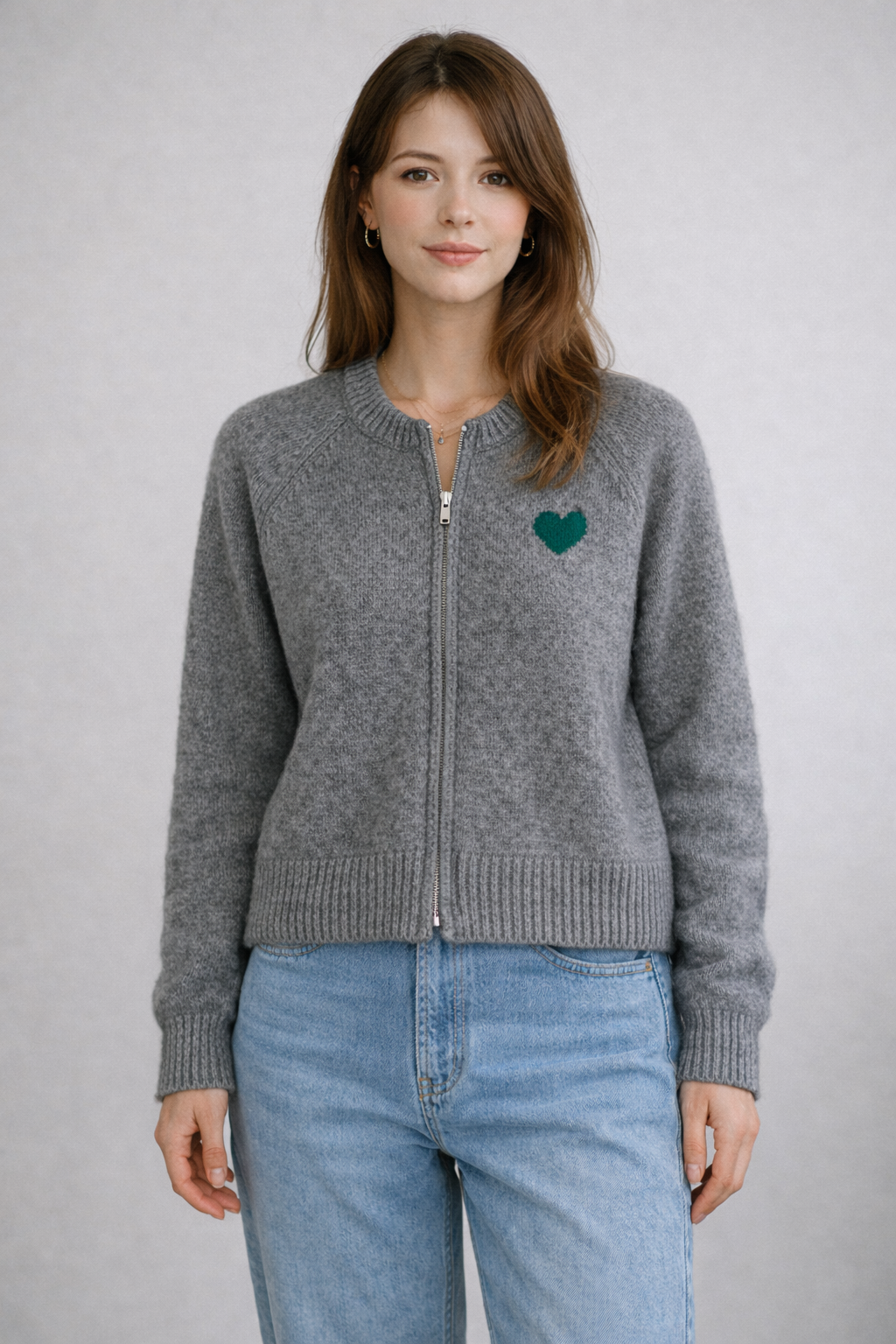 Heart Point Zip-Up Knit Cardigan (Navy / Grey)