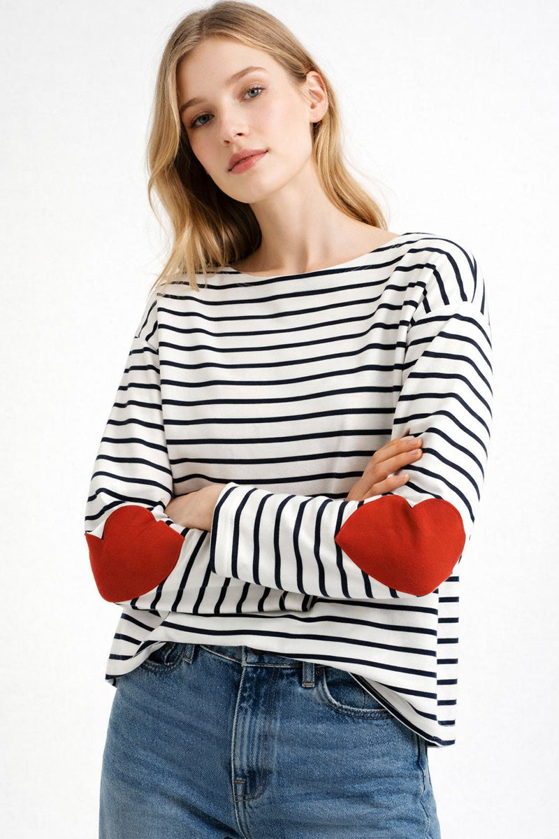 Heart Elbow Breton Stripe Boatneck Tee Cotton