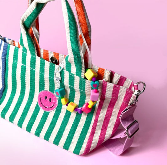 Colorful Stripe mix Twinkle Smile Canvas Body Cross Shoulder Tote Bag