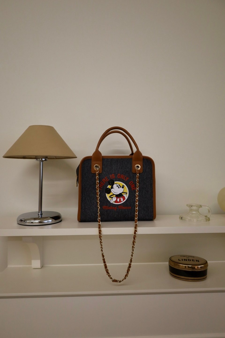 Disney Mickey Mouse Square Chain Shoulder Bag- Leather Handle Denim Bag