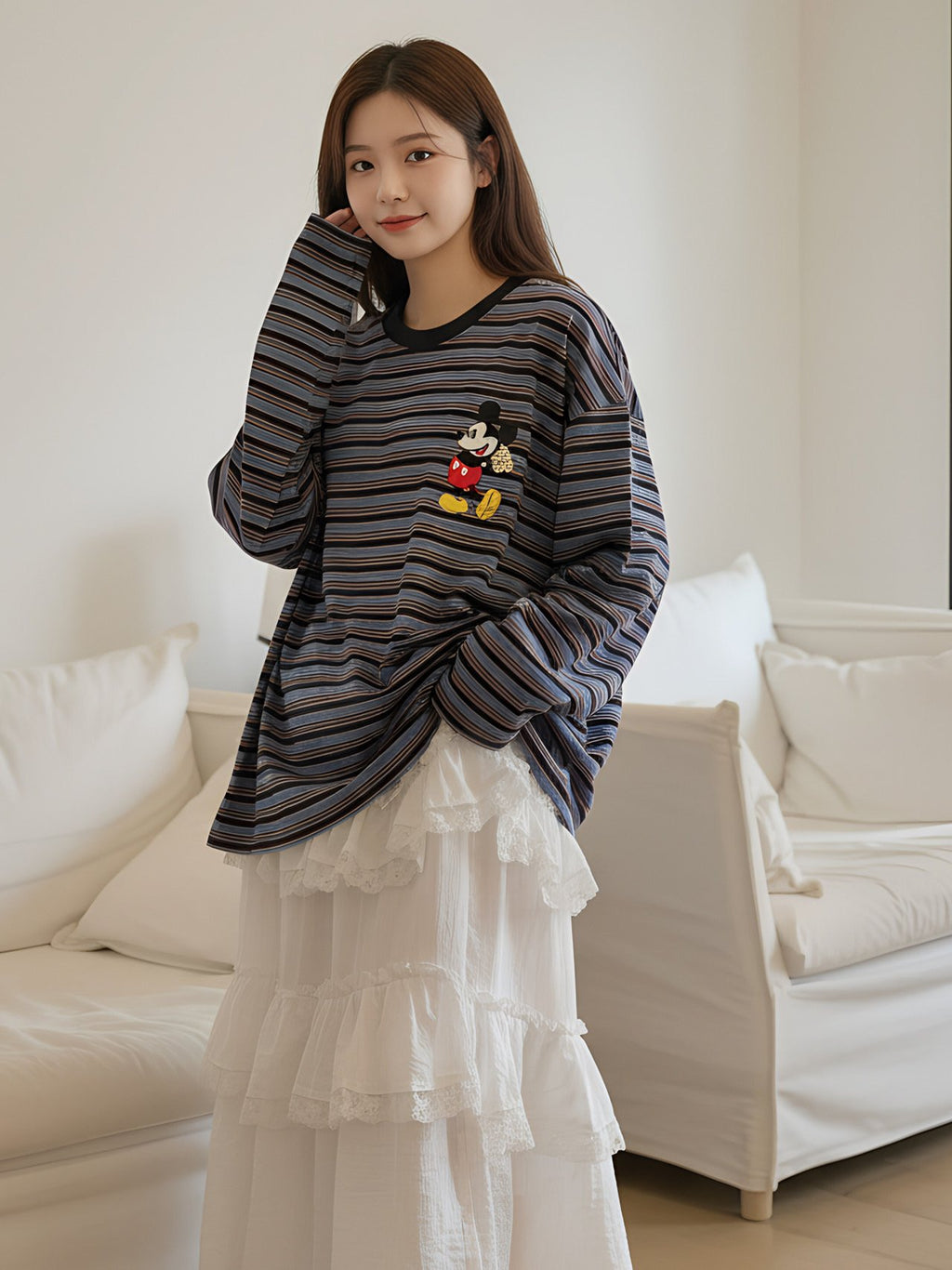 Disney Mickey Striped Oversized Long Sleeve Tee – Made in Korea