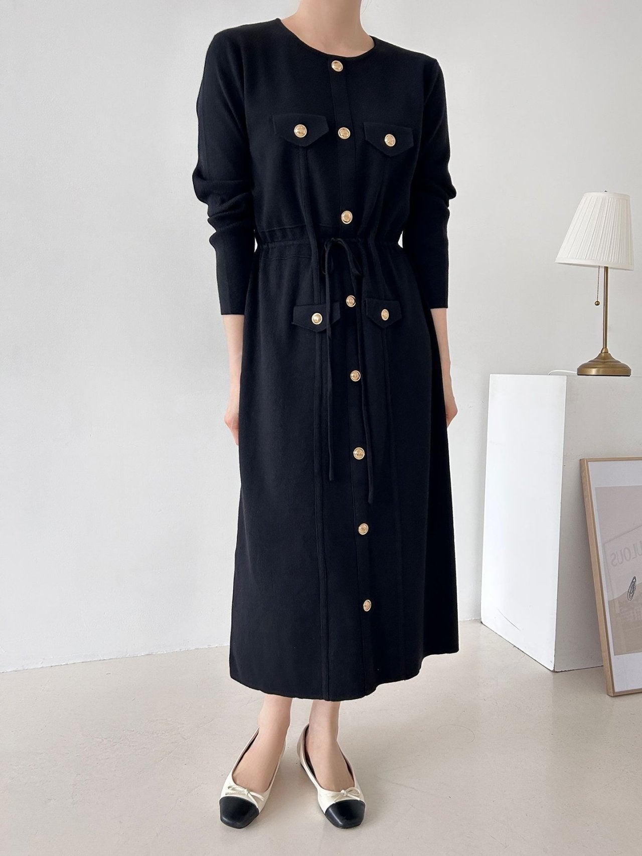 Gold Button Knit Midi Dress - Luckyplanetusa