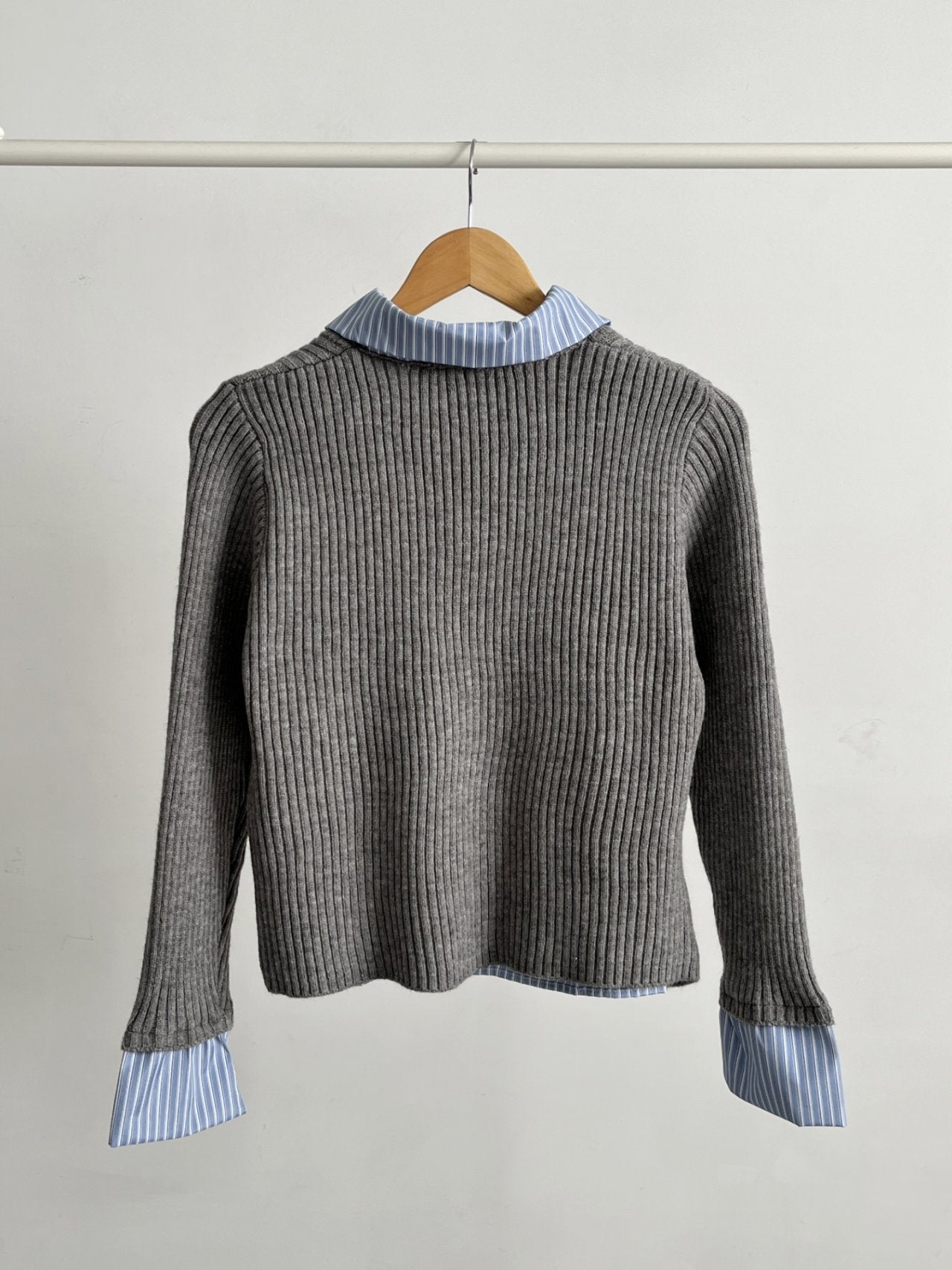Layered Stripe-Collar Knit Cardigan Top