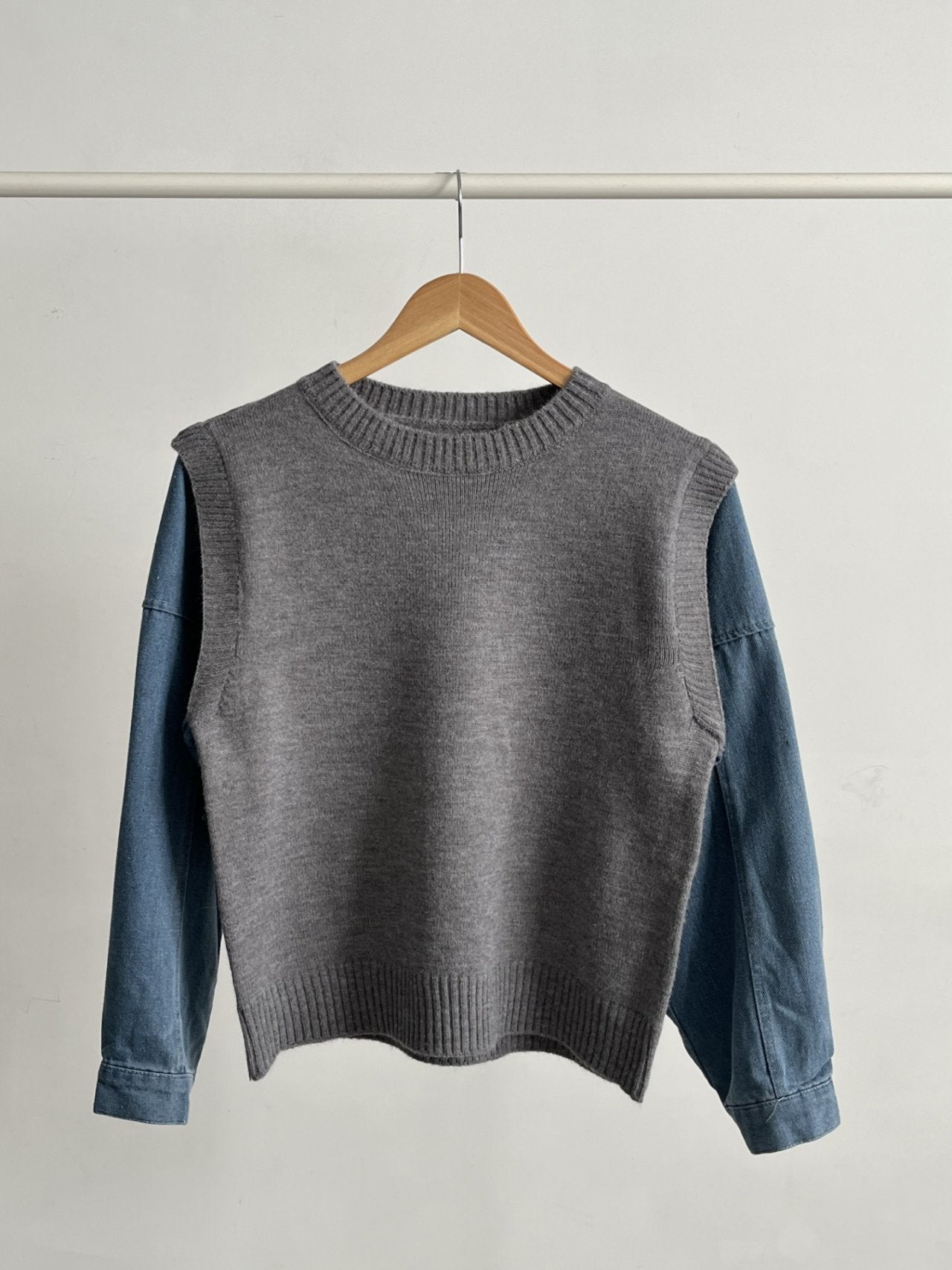 Denim Contrast Knit Pullover — Two-Tone Sleeve Layered Top