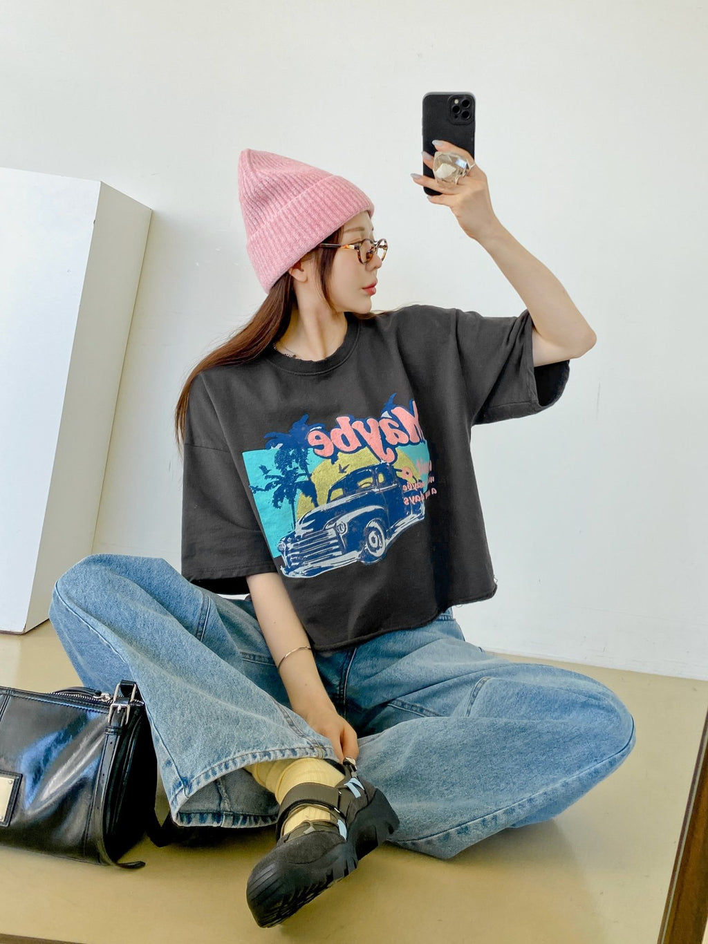 Maybe Sunset Graphic Crop Tee 100% Cotton Made in Korea