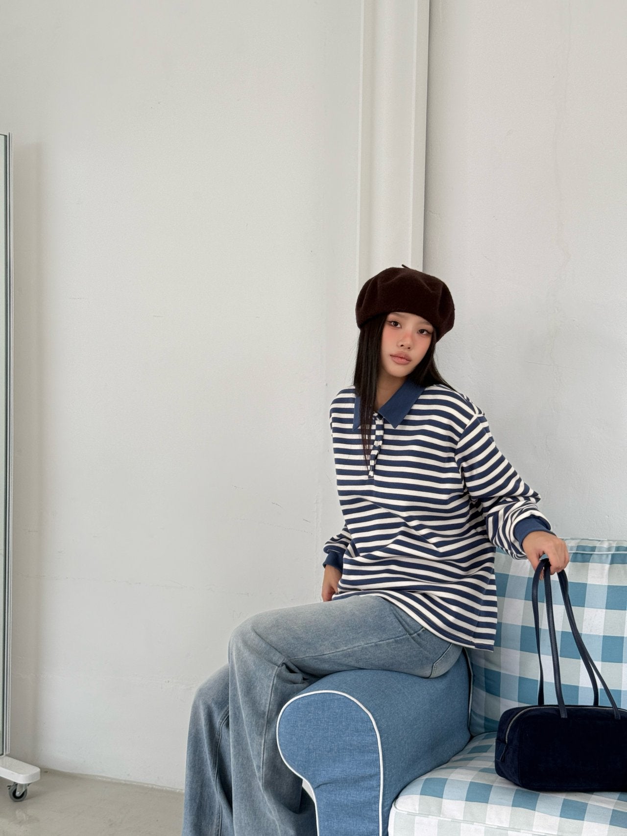 Brushed Fleece Cookie Collar Striped Long Sleeve