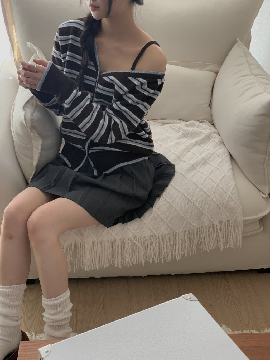 Soft Mood One-Shoulder Off Stripe Cardigan Wool Blend Made in Korea - Luckyplanetusa