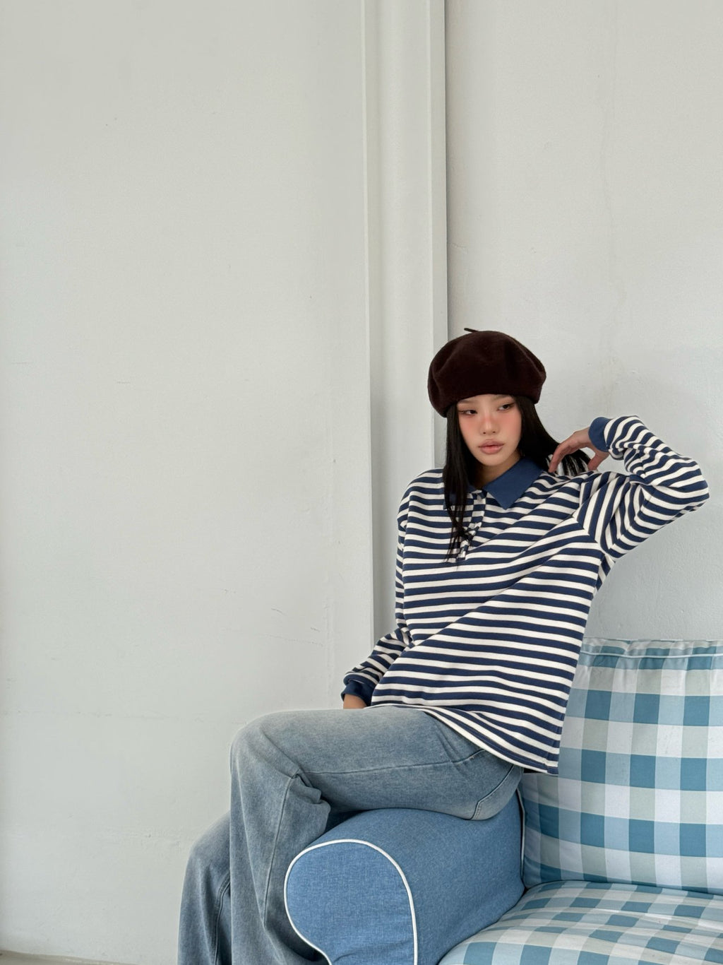 Brushed Fleece Cookie Collar Striped Long Sleeve