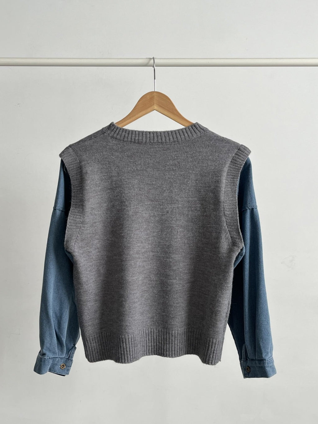 Denim Contrast Knit Pullover — Two-Tone Sleeve Layered Top