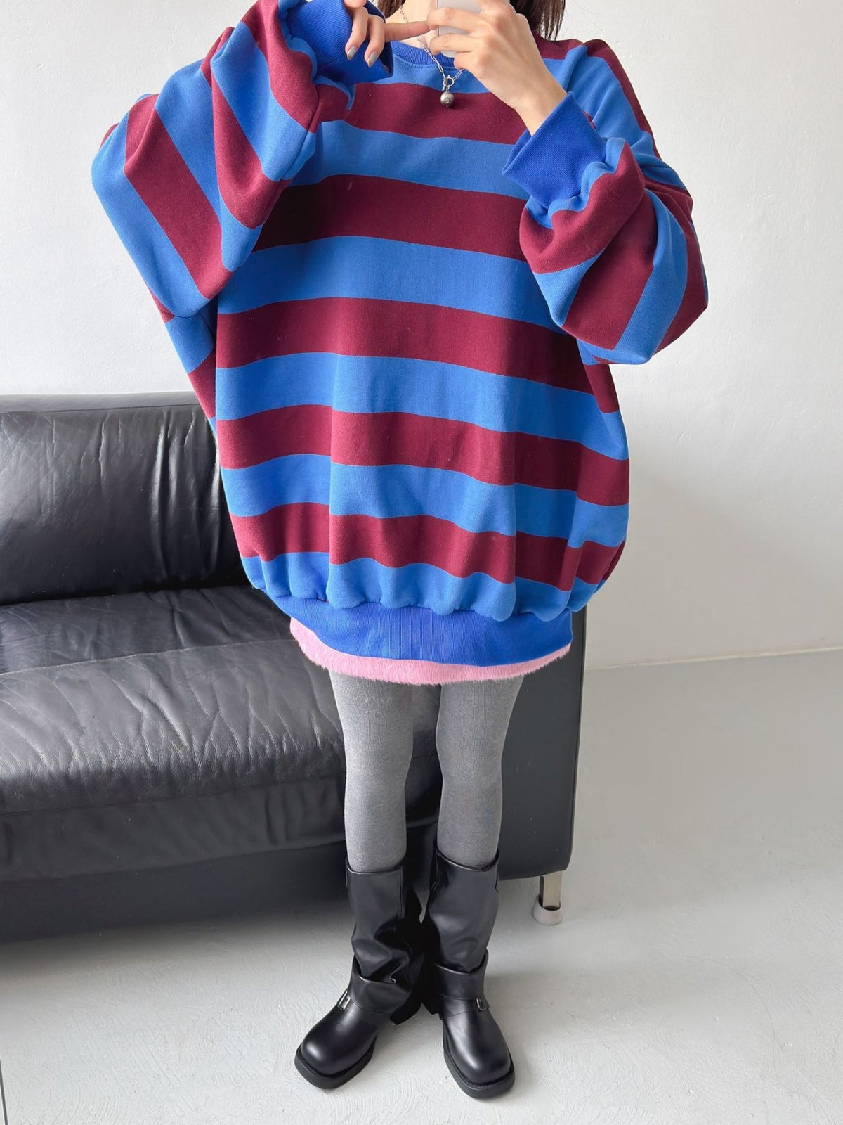 Color Block Cozy Stripe Fleece Oversize Sweatshirt - Luckyplanetusa