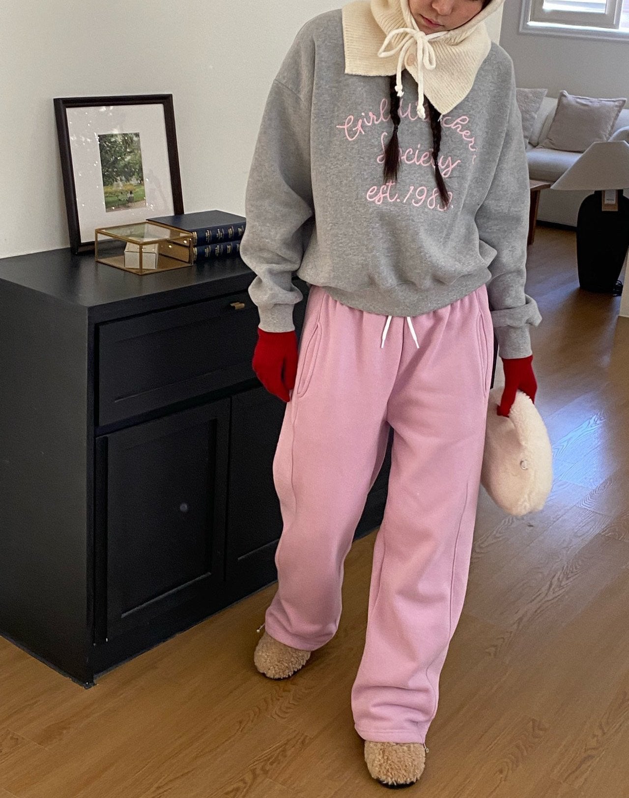 Girl Watcher Society Embroidery Cozy Brushed Fleece Sweatshirt Made in Korea