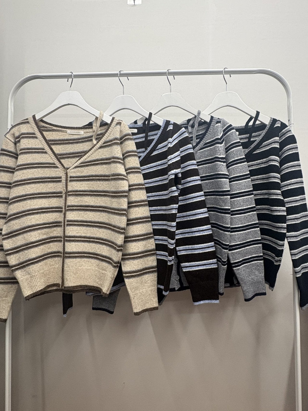 Soft Mood One-Shoulder Off Stripe Cardigan Wool Blend Made in Korea - Luckyplanetusa