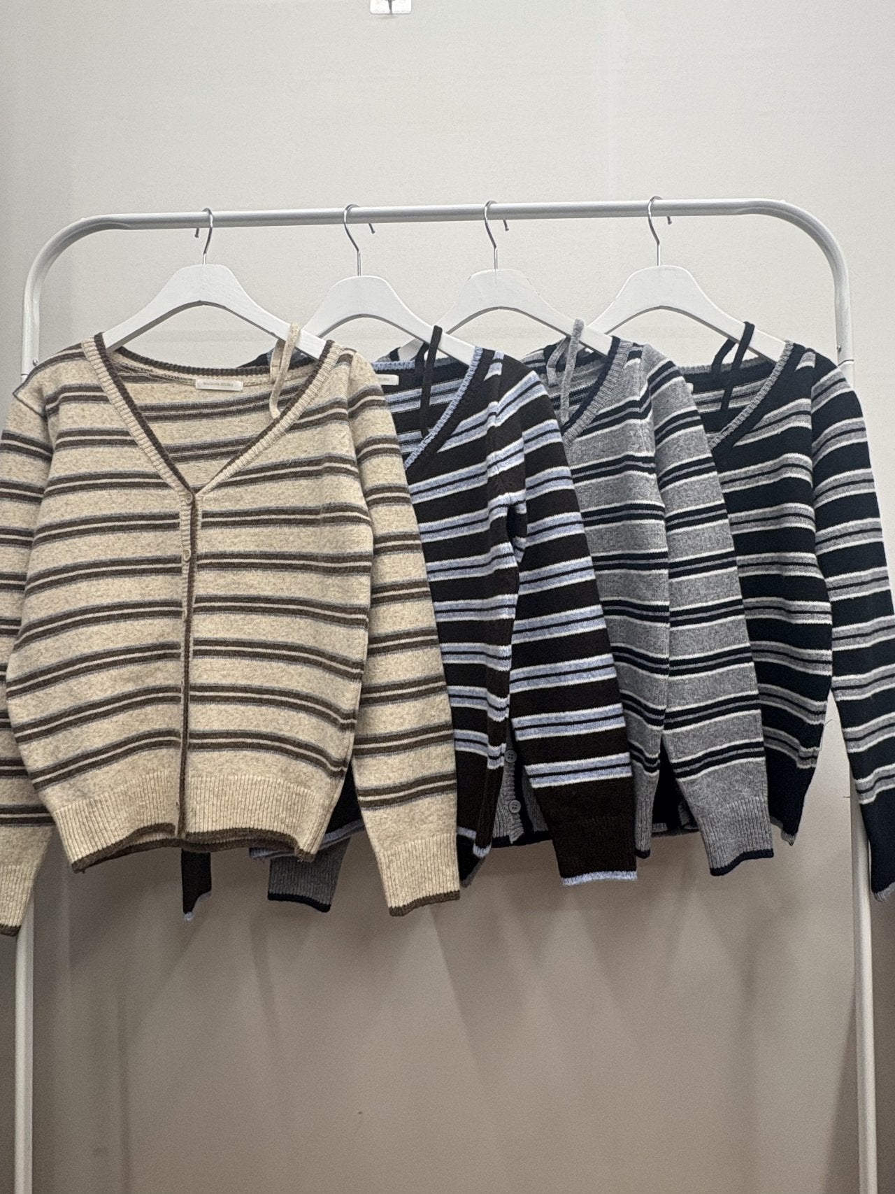 Soft Mood One-Shoulder Off Stripe Cardigan Wool Blend Made in Korea - Luckyplanetusa