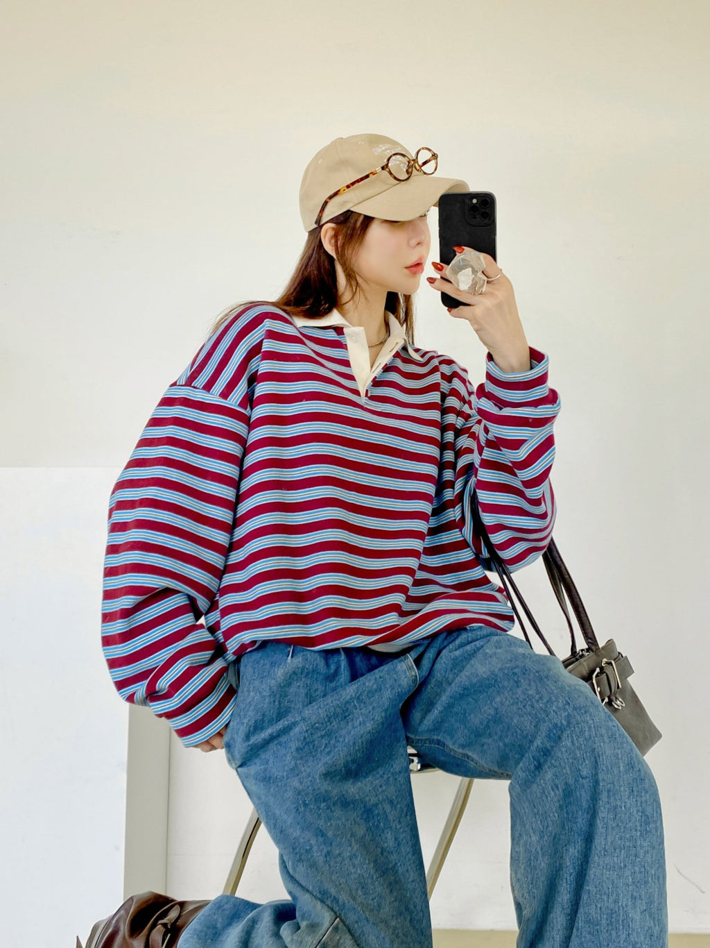 Classic Retro Stripe Collar Long Sleeve Tee