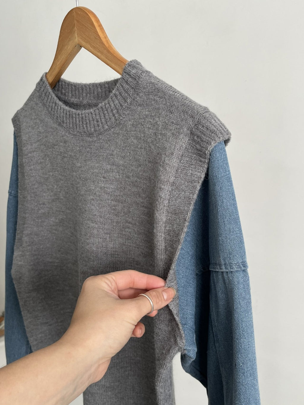 Denim Contrast Knit Pullover — Two-Tone Sleeve Layered Top