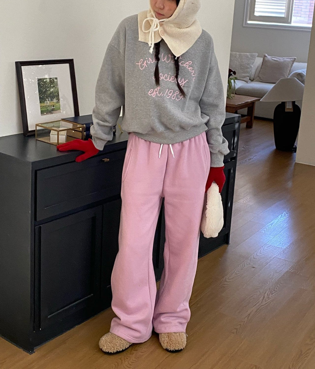 Girl Watcher Society Embroidery Cozy Brushed Fleece Sweatshirt Made in Korea