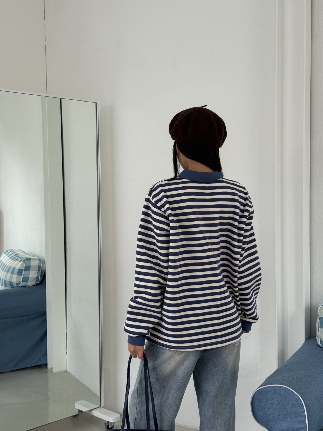 Brushed Fleece Cookie Collar Striped Long Sleeve