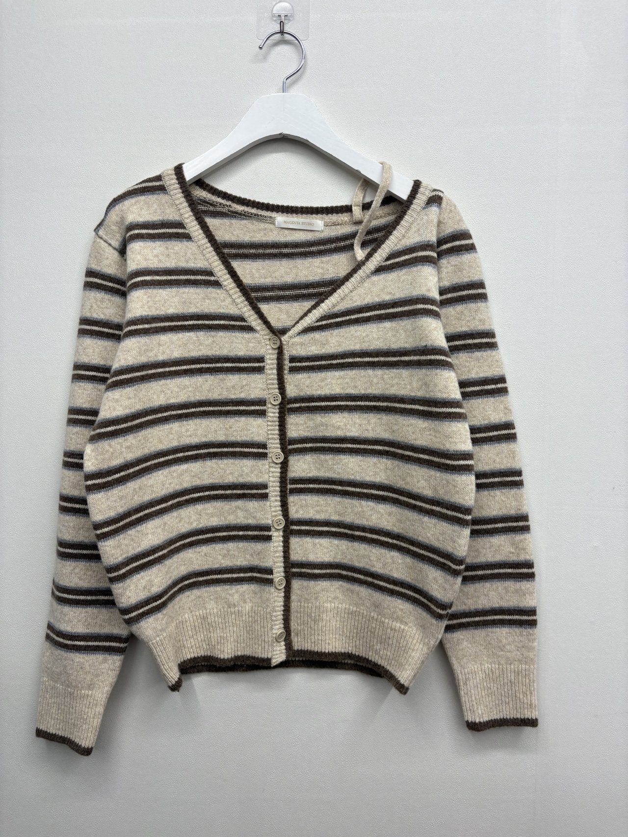 Soft Mood One-Shoulder Off Stripe Cardigan Wool Blend Made in Korea