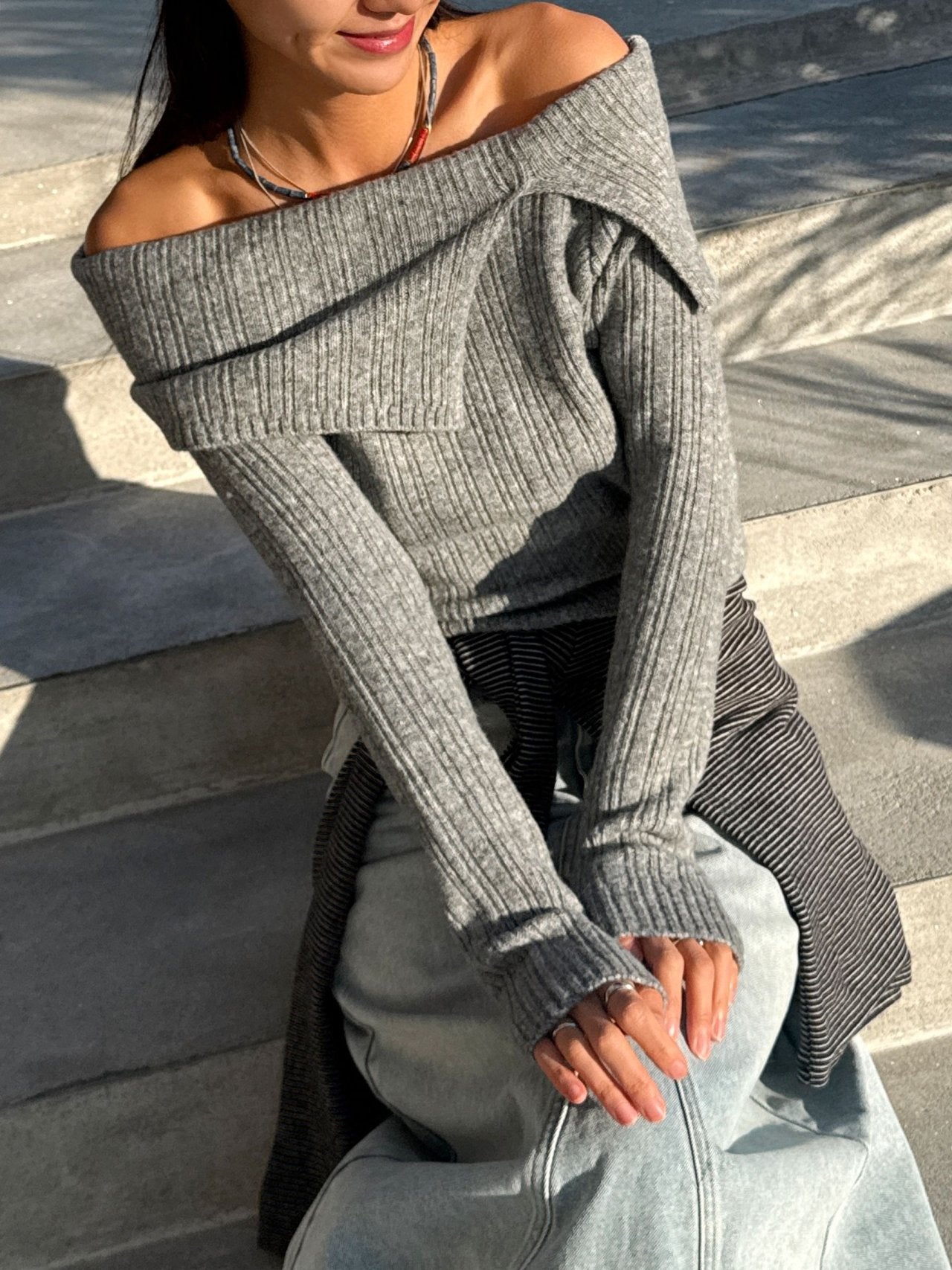 Soft Muse Off-Shoulder Rib Knit Top Wool Blend Made in Korea