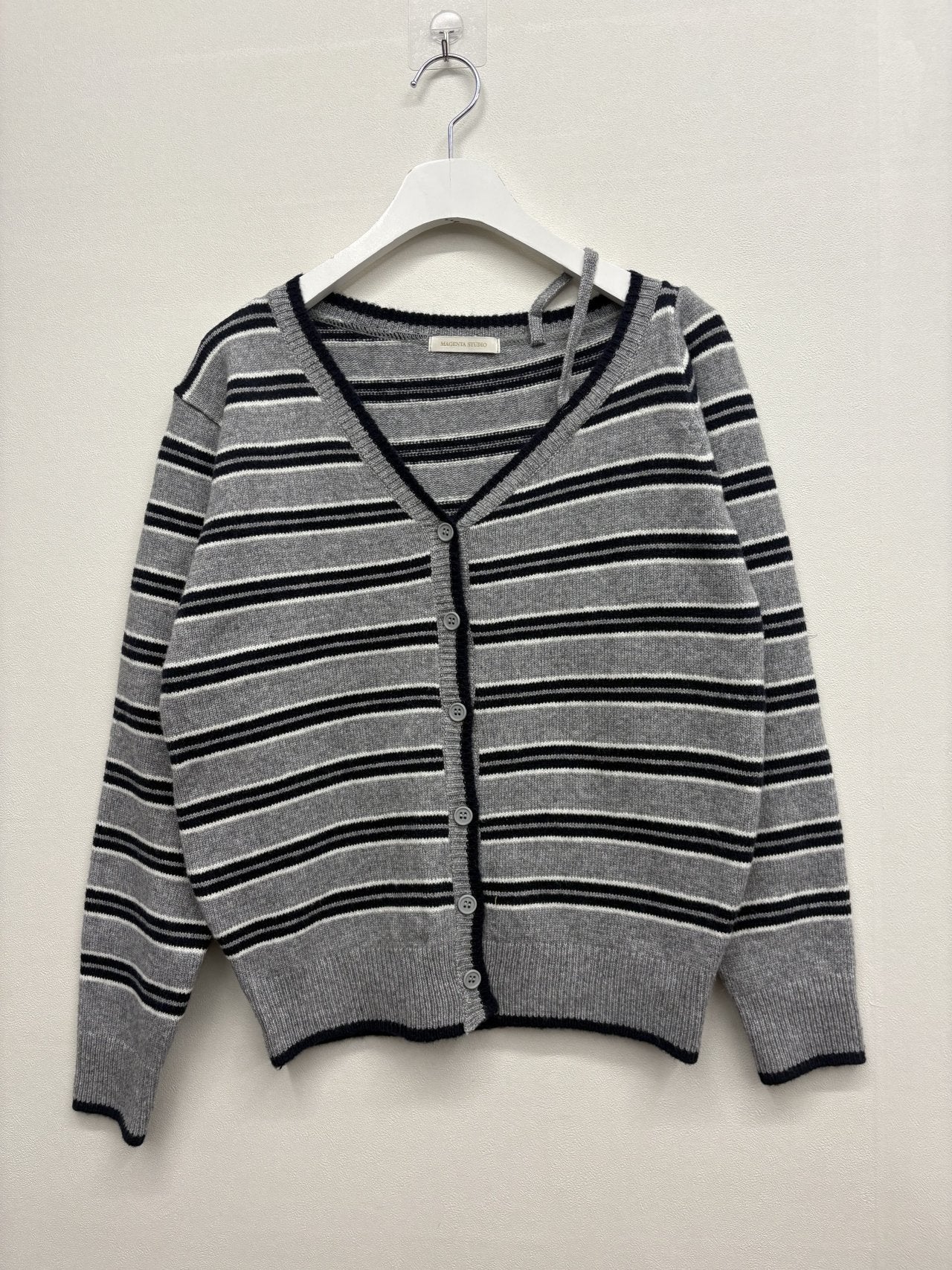 Soft Mood One-Shoulder Off Stripe Cardigan Wool Blend Made in Korea