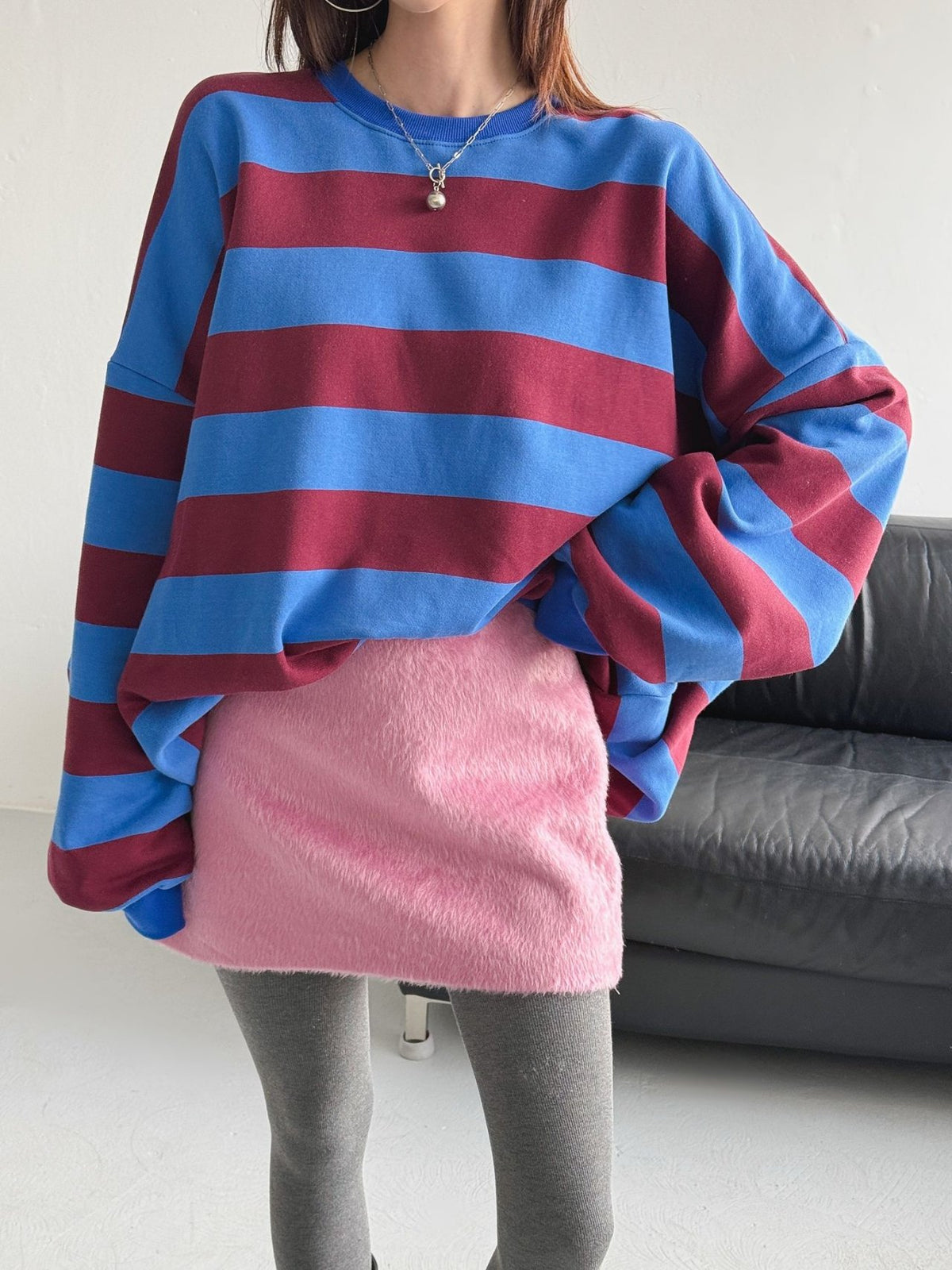 Color Block Cozy Stripe Fleece Oversize Sweatshirt - Luckyplanetusa