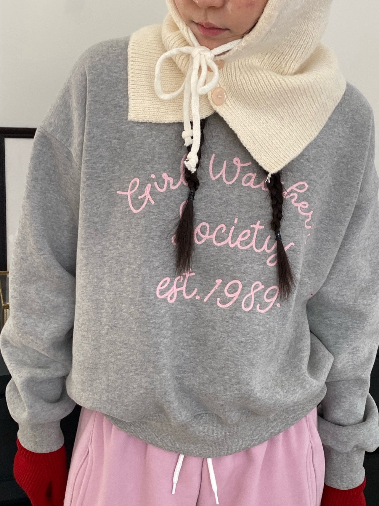 Girl Watcher Society Embroidery Cozy Brushed Fleece Sweatshirt Made in Korea