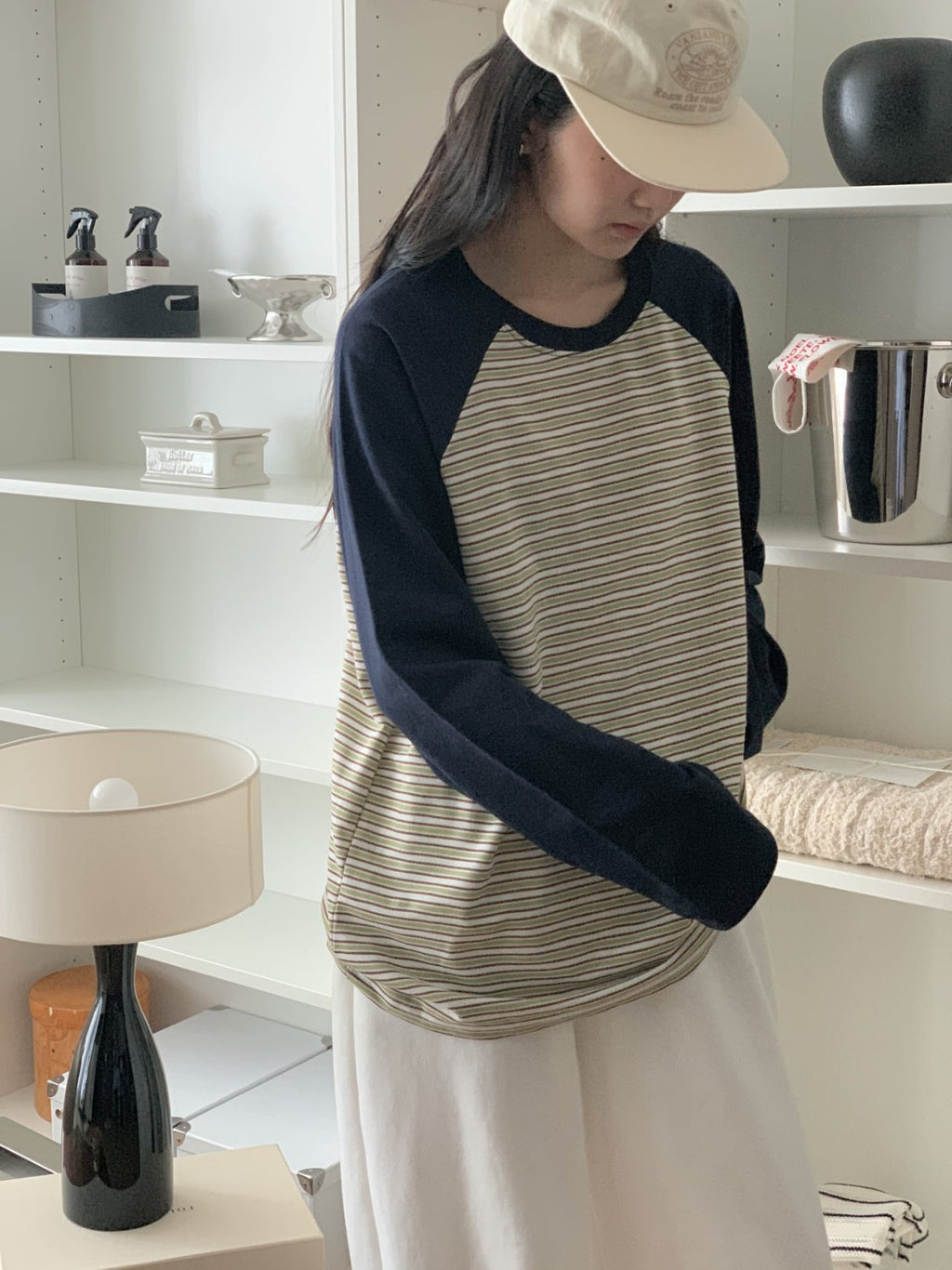 Soft Stripe Raglan Long Sleeve Tee Made in Korea 100% cotton