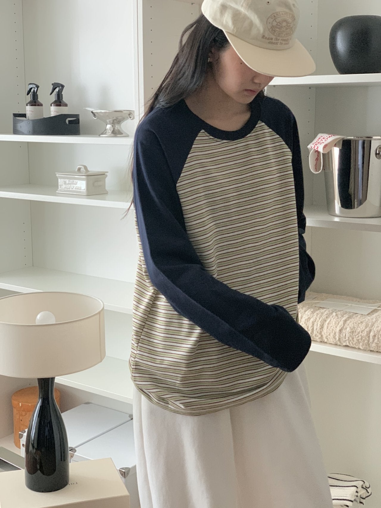 Soft Stripe Raglan Long Sleeve Tee Made in Korea 100% cotton