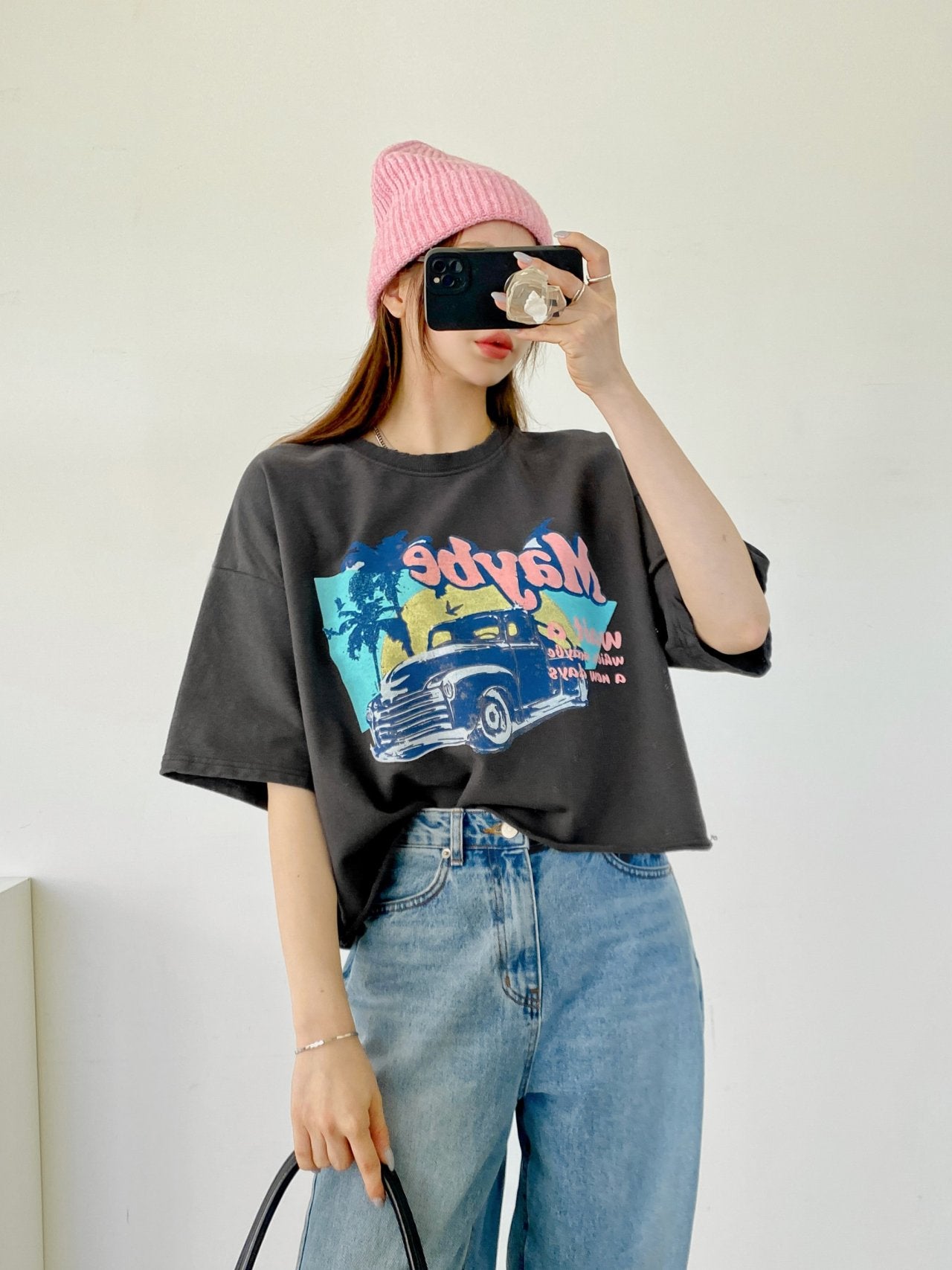 Maybe Sunset Graphic Crop Tee 100% Cotton Made in Korea