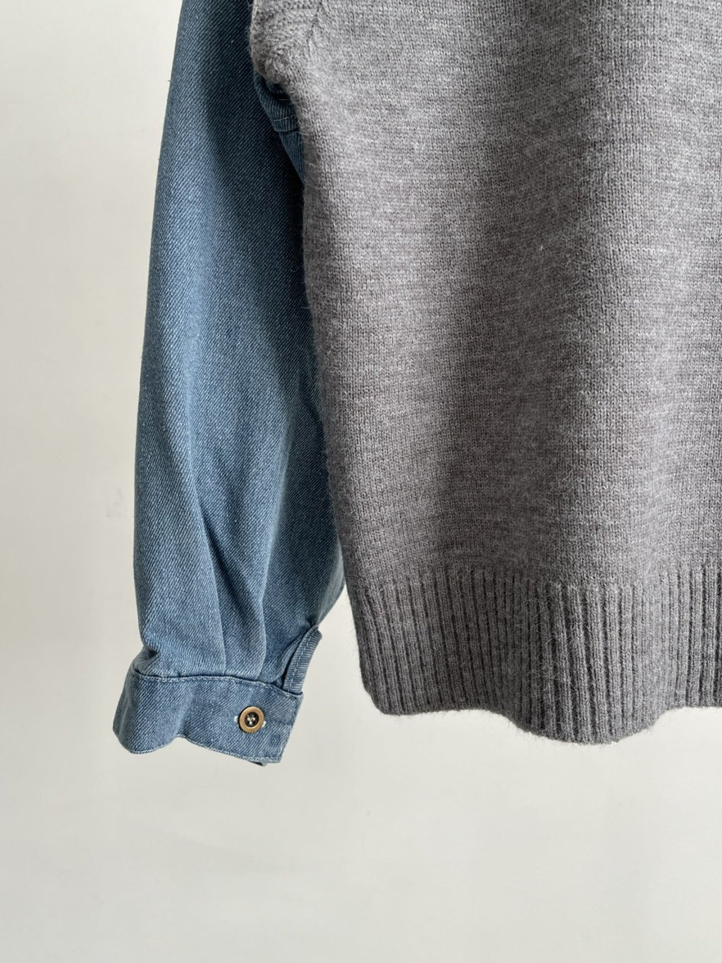 Denim Contrast Knit Pullover — Two-Tone Sleeve Layered Top