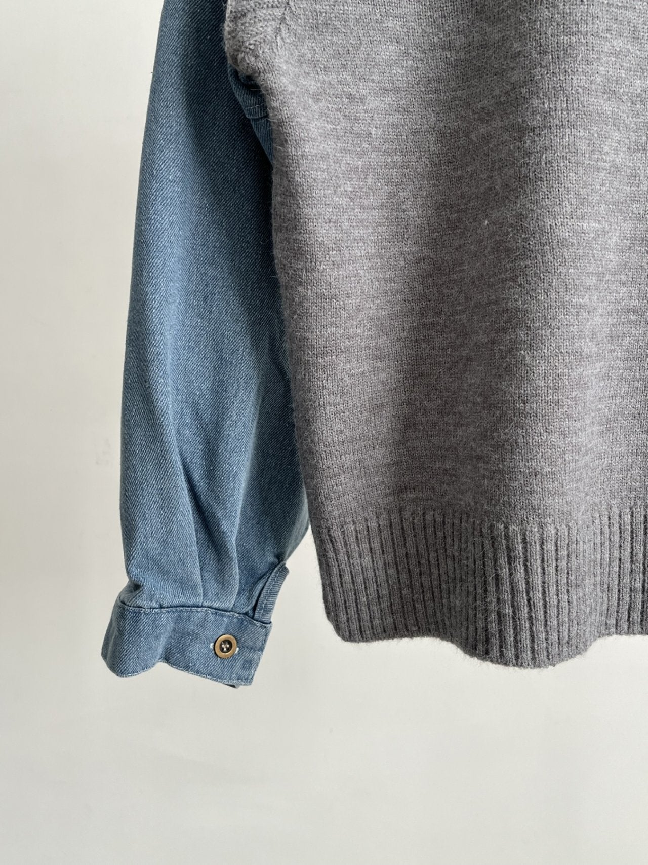 Denim Contrast Knit Pullover — Two-Tone Sleeve Layered Top