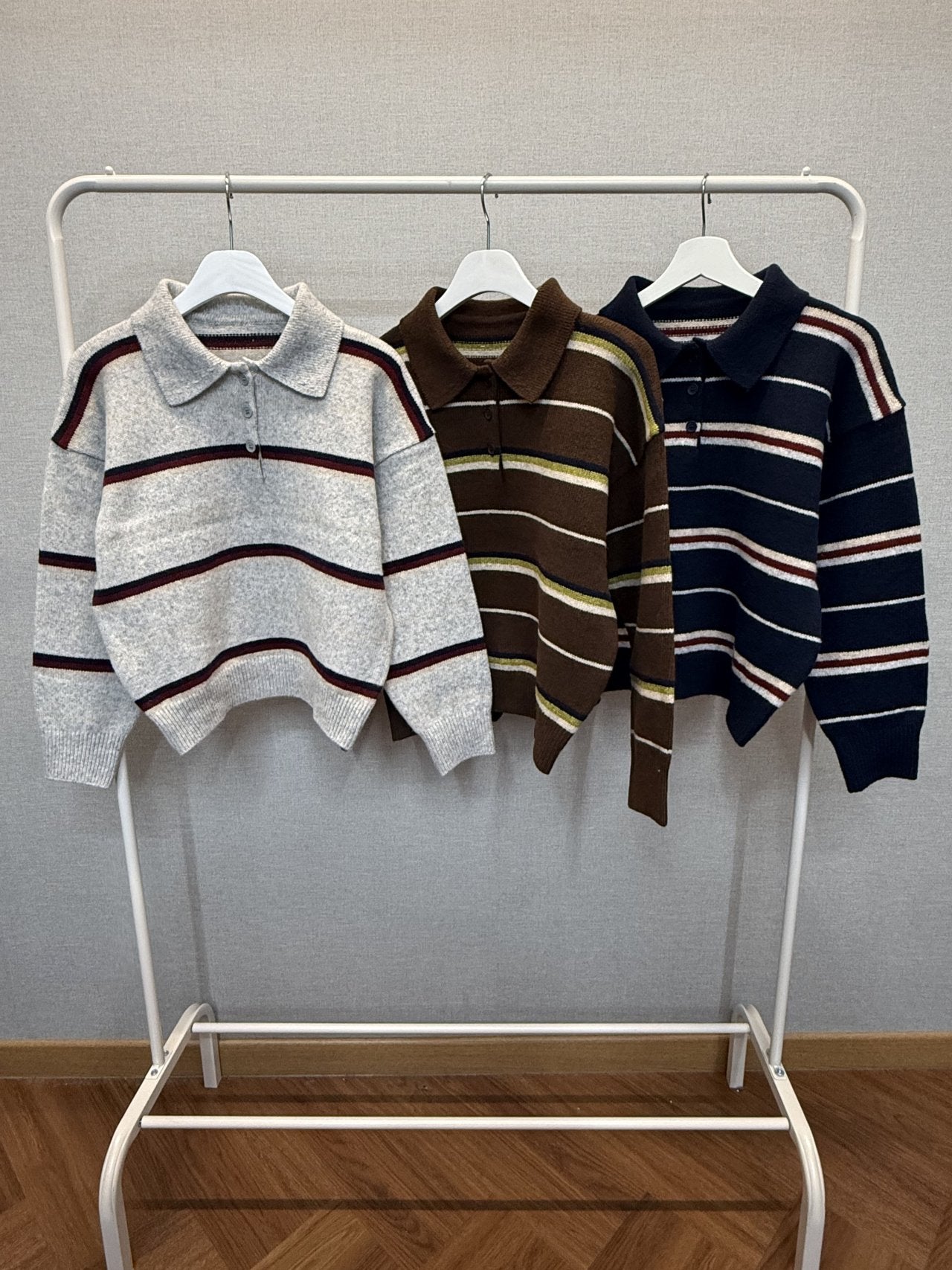 Cozy Stripe Collar Knit Gray, Brown, Navy