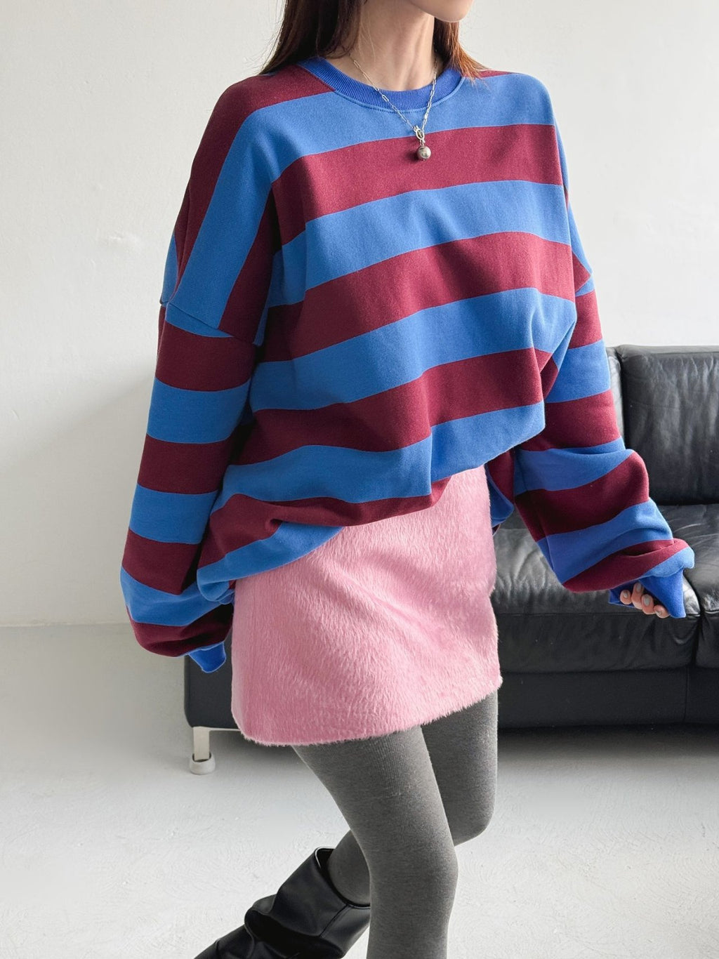 Color Block Cozy Stripe Fleece Oversize Sweatshirt - Luckyplanetusa
