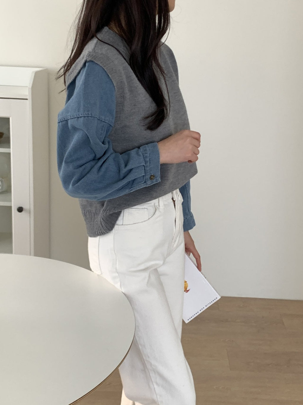 Denim Contrast Knit Pullover — Two-Tone Sleeve Layered Top
