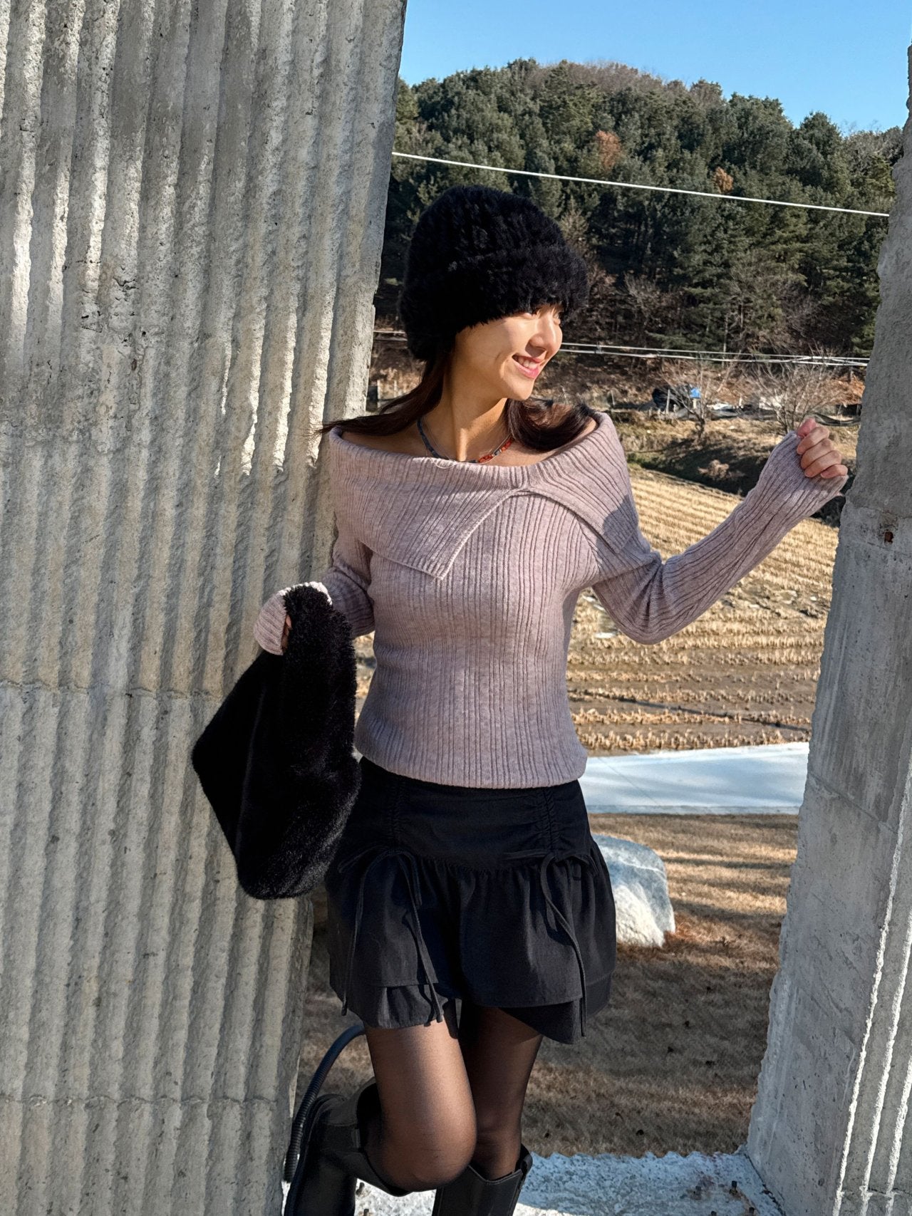 Soft Muse Off-Shoulder Rib Knit Top Wool Blend Made in Korea