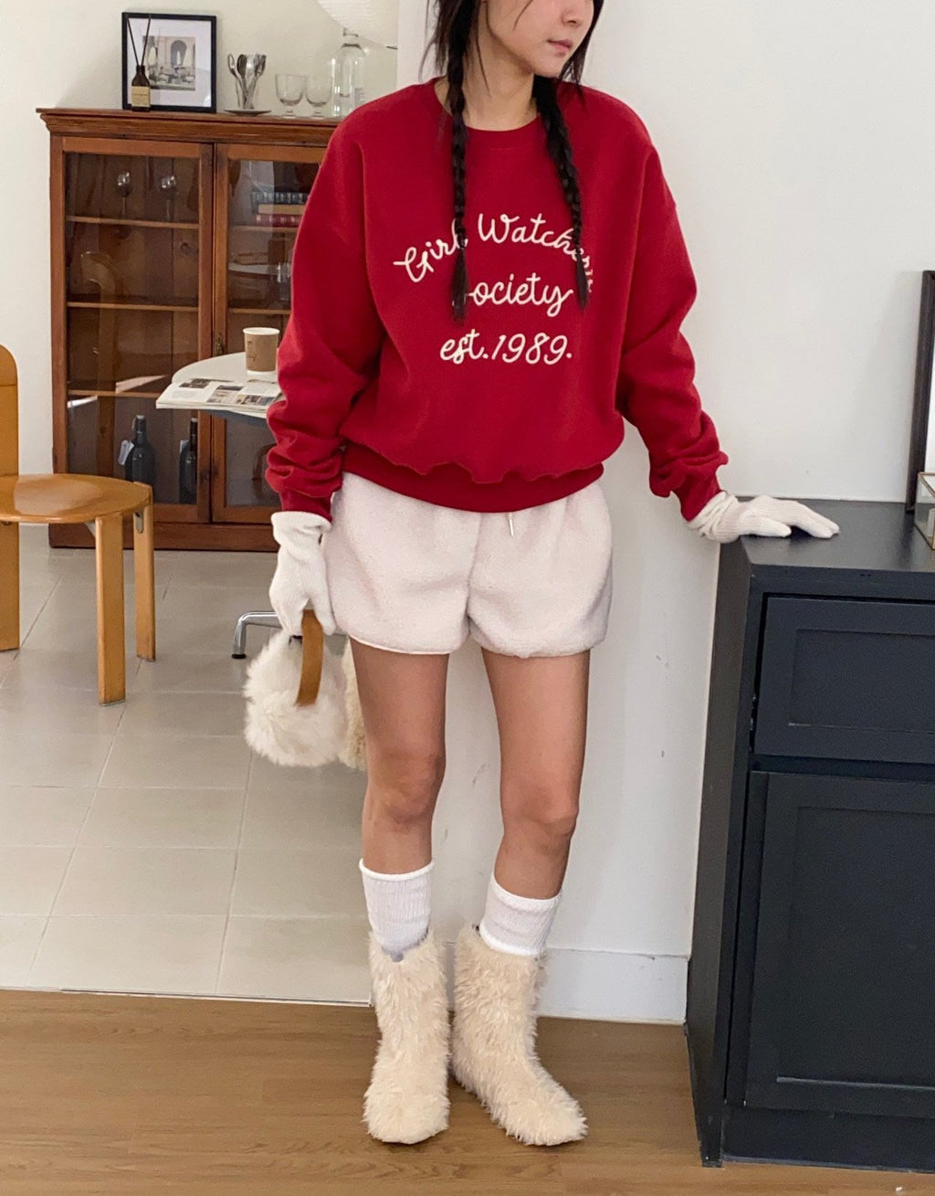 Girl Watcher Society Embroidery Cozy Brushed Fleece Sweatshirt Made in Korea