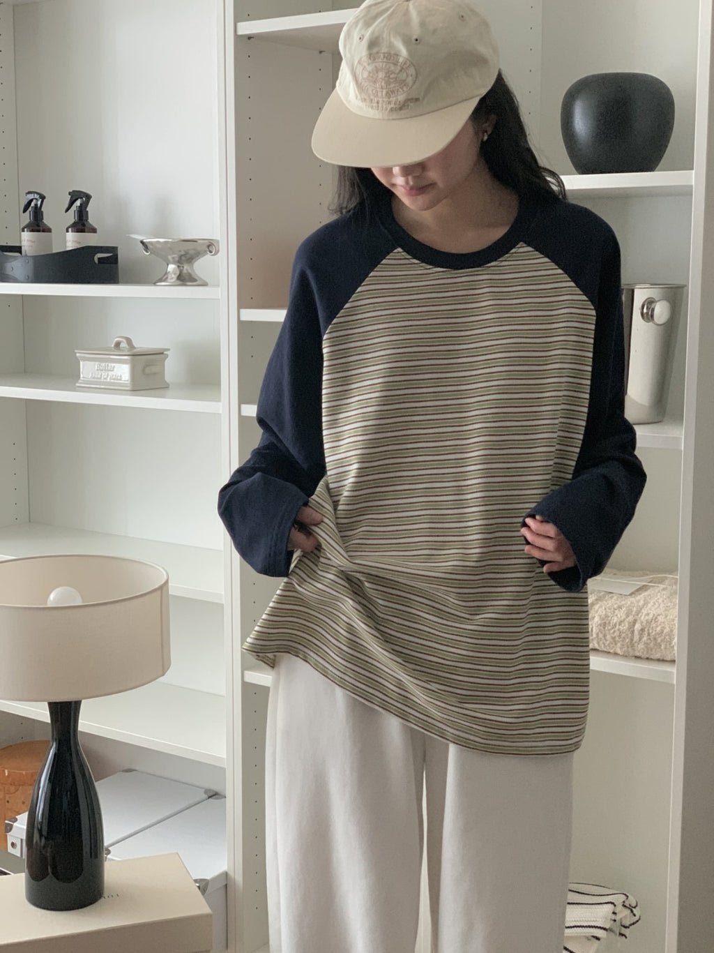 Soft Stripe Raglan Long Sleeve Tee Made in Korea 100% cotton