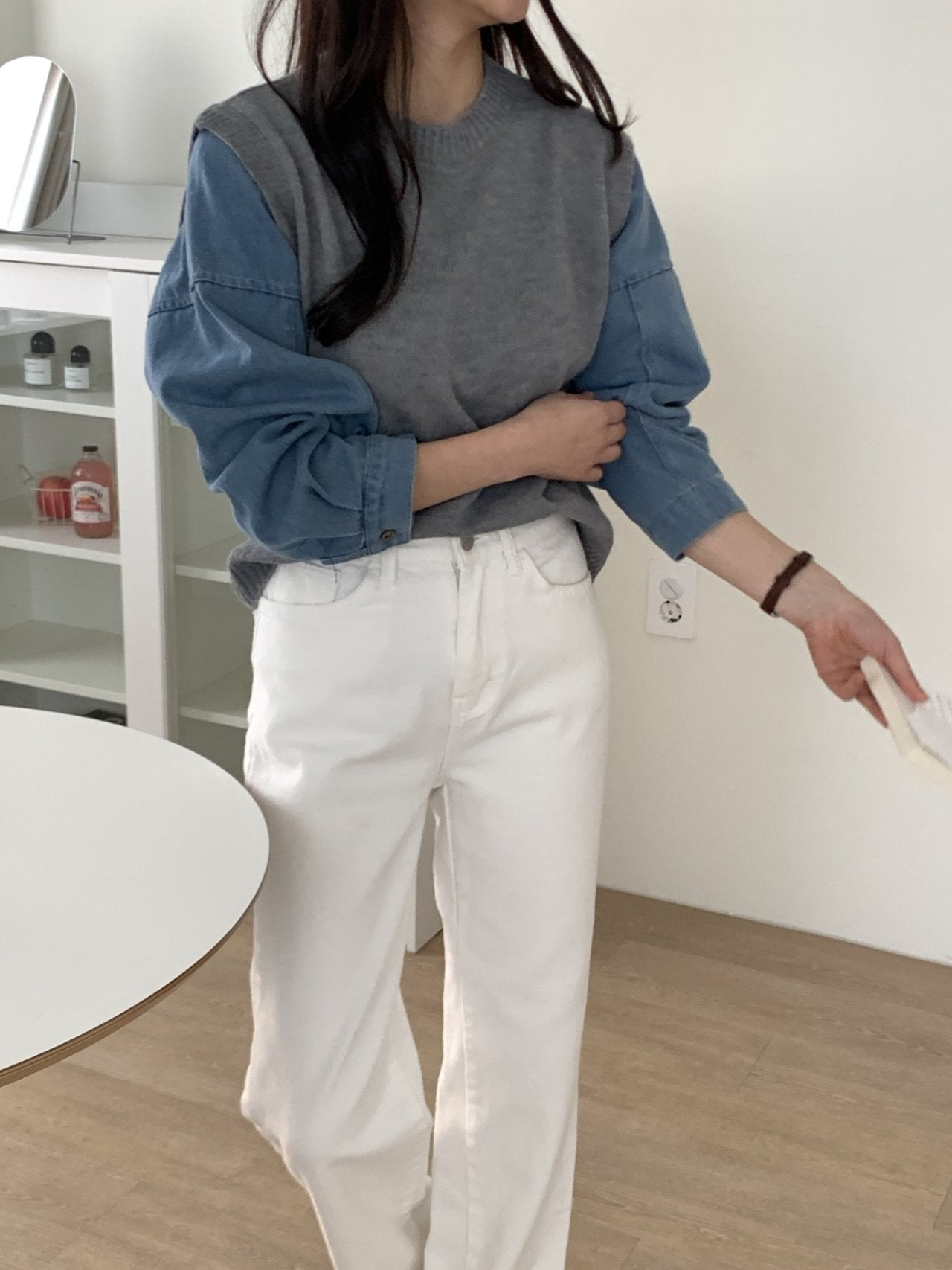 Denim Contrast Knit Pullover — Two-Tone Sleeve Layered Top