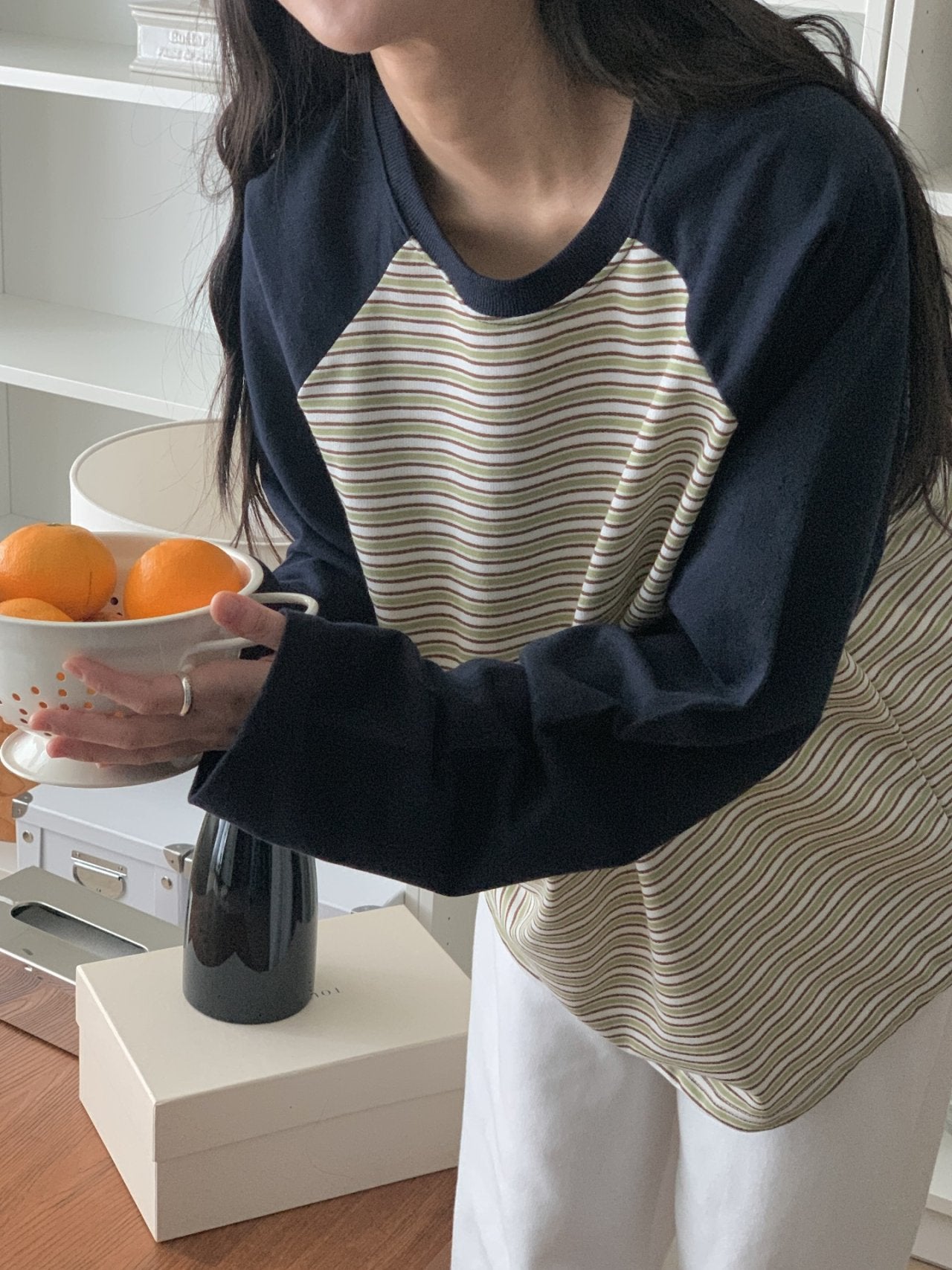 Soft Stripe Raglan Long Sleeve Tee Made in Korea 100% cotton