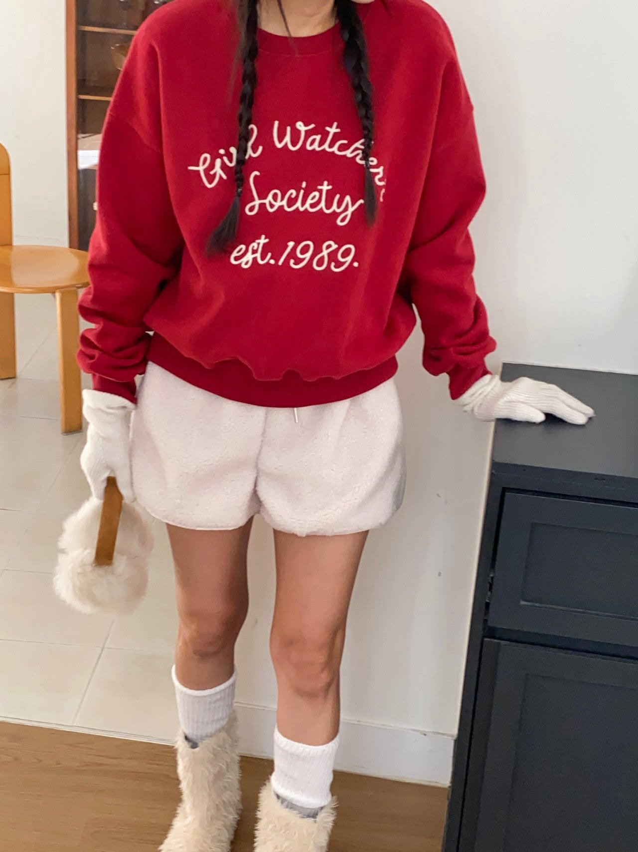 Girl Watcher Society Embroidery Cozy Brushed Fleece Sweatshirt Made in Korea