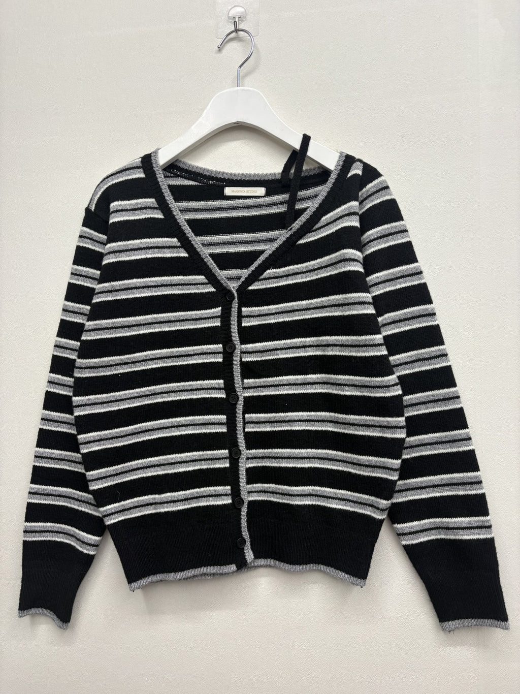 Soft Mood One-Shoulder Off Stripe Cardigan Wool Blend Made in Korea - Luckyplanetusa