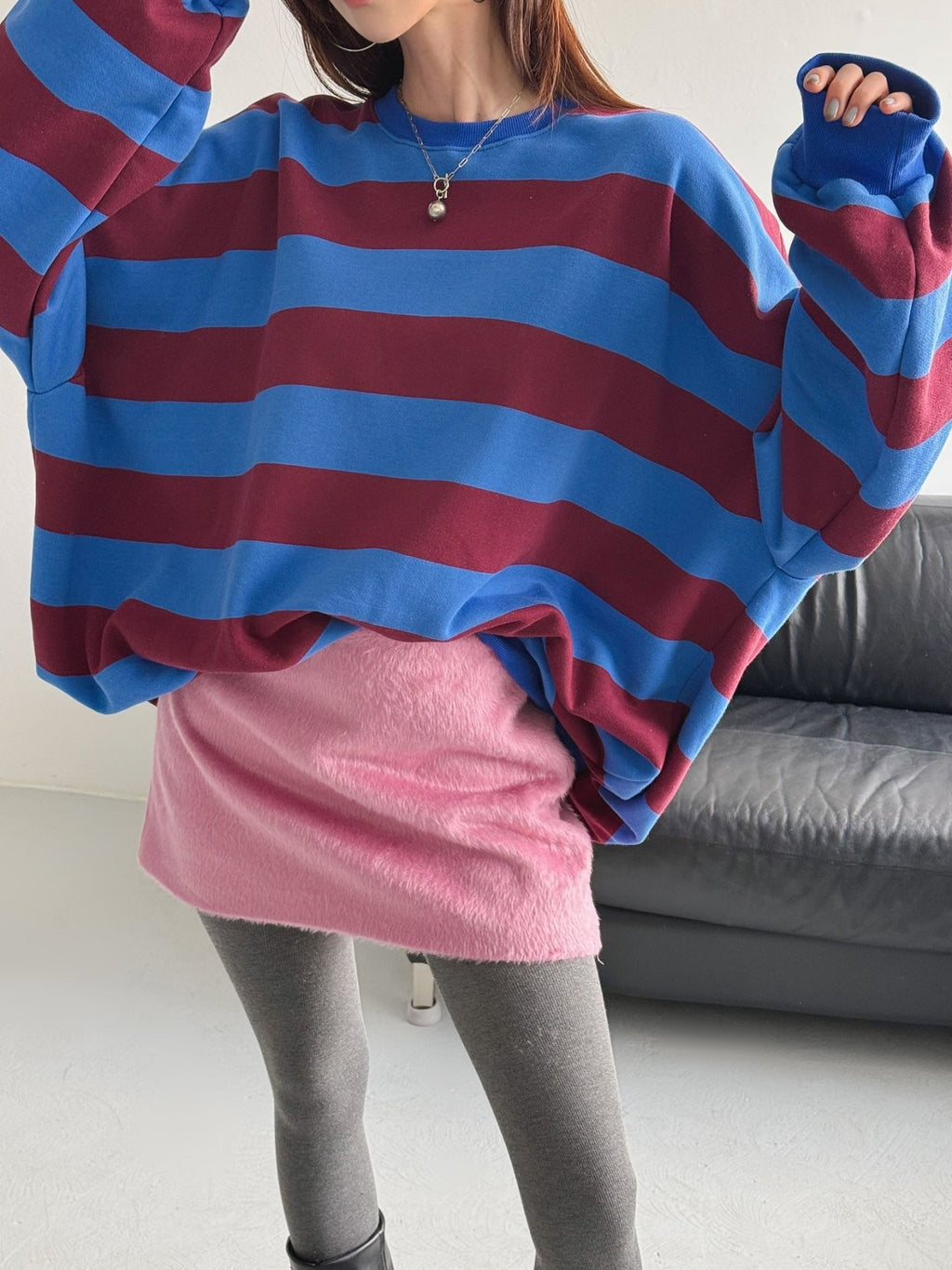 Color Block Cozy Stripe Fleece Oversize Sweatshirt - Luckyplanetusa