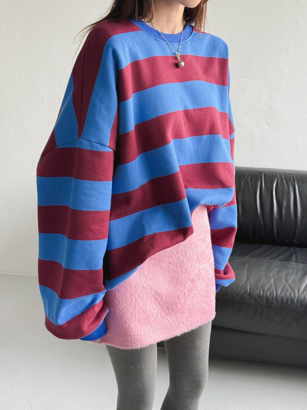 Color Block Cozy Stripe Fleece Oversize Sweatshirt - Luckyplanetusa