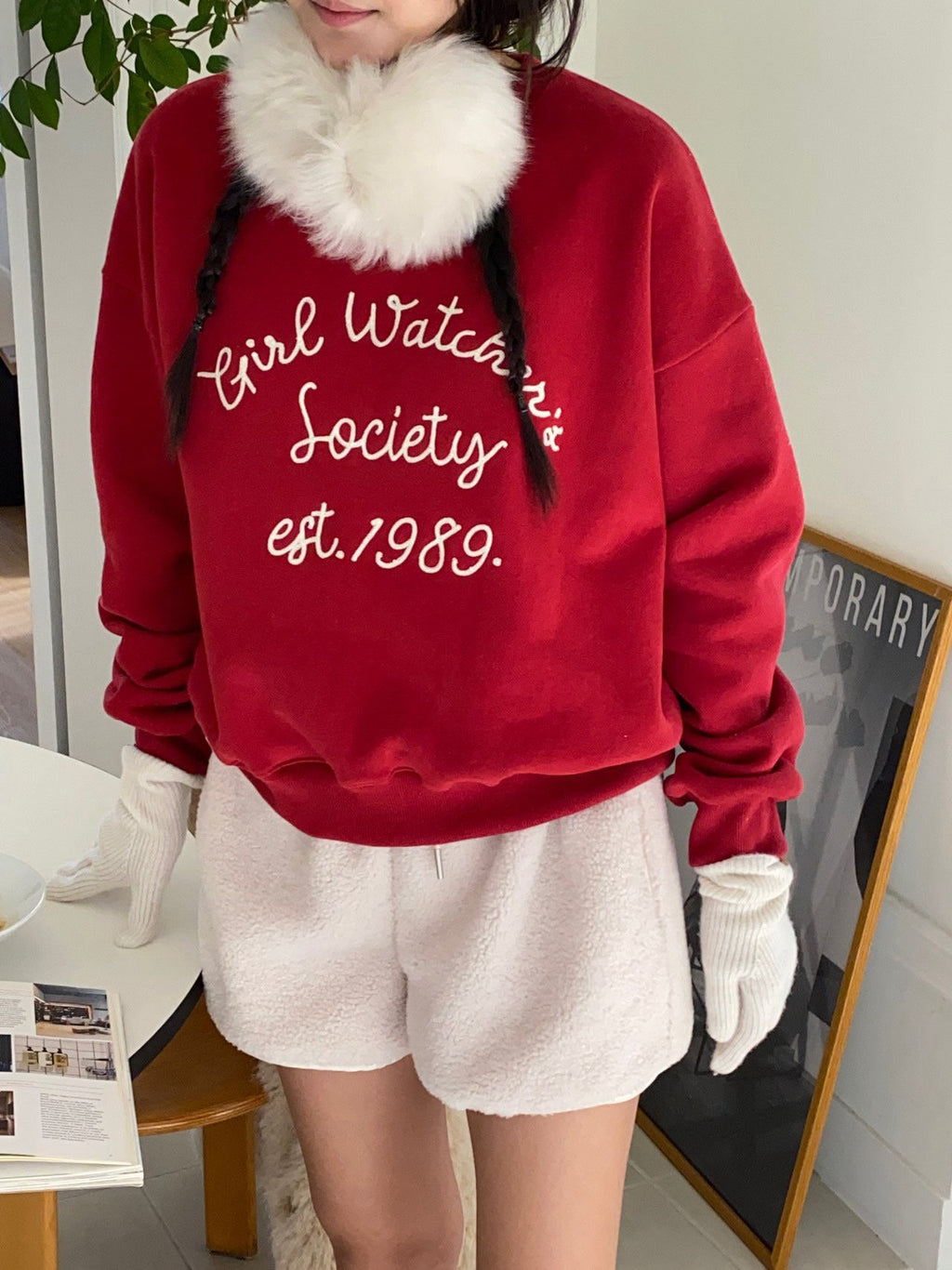 Girl Watcher Society Embroidery Cozy Brushed Fleece Sweatshirt Made in Korea