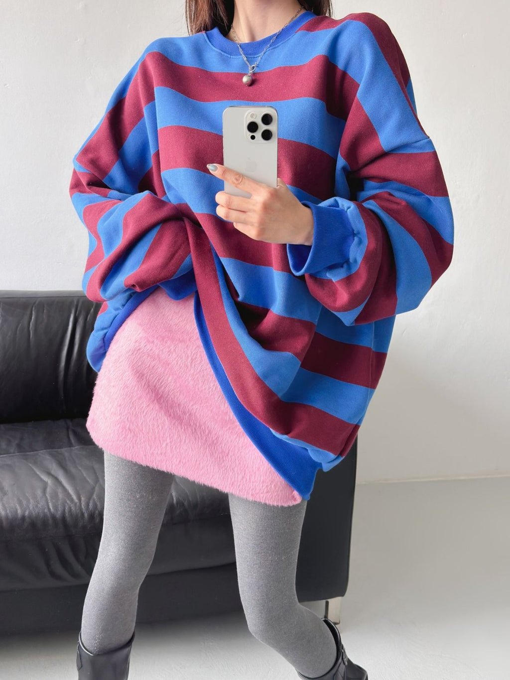Color Block Cozy Stripe Fleece Oversize Sweatshirt - Luckyplanetusa