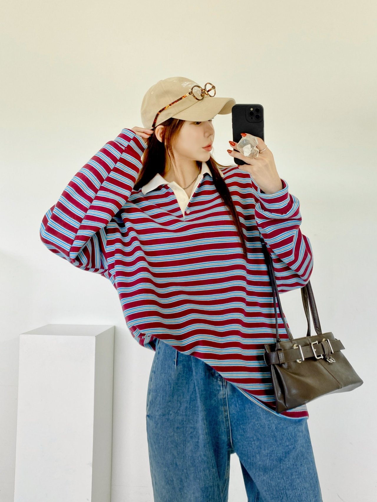 Classic Retro Stripe Collar Long Sleeve Tee