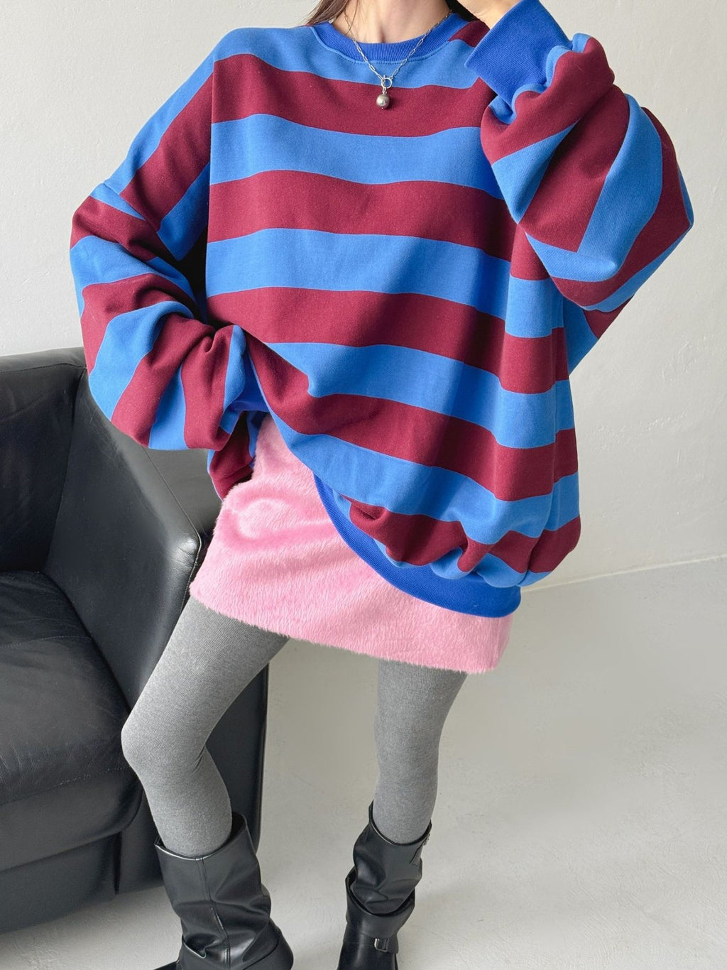 Color Block Cozy Stripe Fleece Oversize Sweatshirt - Luckyplanetusa